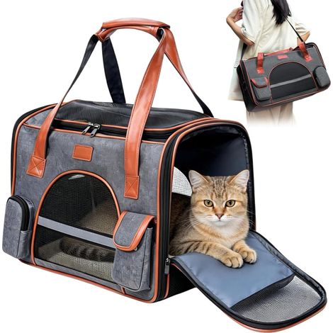 Sac de transport pliable pour animaux de compagnie, sac à main respirant pour chiens et chats, idéal pour voyage, transporteur portable pour aéroport et vétérinaire, gris. (1/5)