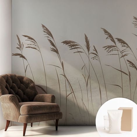 Papier peint intissé décoratif avec colle pour salon chambre et bureau Installation rapide Herbes dans la brume 250x250 cm (1/5)