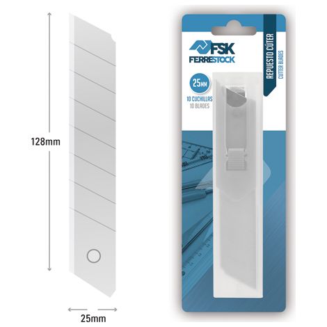 Ferrestock FSKTWR025B blíster con dispensador de 10 cuchillas de recambio para cúter de 25mm, afilado de precisión para cortar de forma limpia y profesional cualquier material