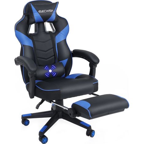 Puluomis – Chaise gaming ergonomique avec repose-pieds et coussin de massage USB – Dossier inclinable 90°-150° – Cuir PU bleu – Charge 150 kg (1/5)