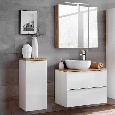 Badezimmermöbel Set mit LED-Spiegelschrank TOSKANA-56 weiß Hochglanz & Wotaneiche BxHxT ca. B/H/T: 135/190/46cm (1/5)
