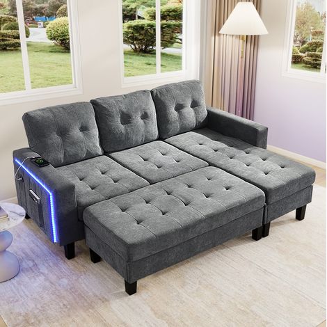 Divano angolare trasformabile in chenille grigio anticato con pouf mobile e LED, zona letto 156x115 cm (1/5)