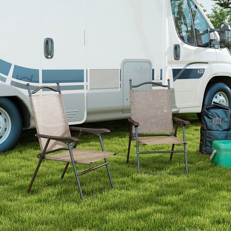 Set 2 Fauteuils Pliants de Jardin avec Accoudoirs, Assise en Tissu Respirant, Teinte Marron (1/5)