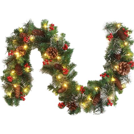 Corona navideña artificial de 2,74 metros (9 pies) de alto, preiluminada con 50 LED, decorada con piñas y frutos rojos, funciona con pilas, ideal para decorar chimeneas, escaleras y puertas durante la (1/5)