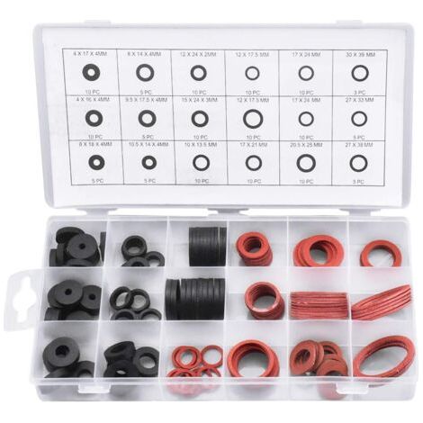 141 PCS Joint Rondelle en Caoutchouc et Joint Fibre, 18 Tailles Joint Plat d'Etanchéité, Assortiment de Rondelles pour Robinet, Vanne, Pompe, Plomberie -Noir et Rouge