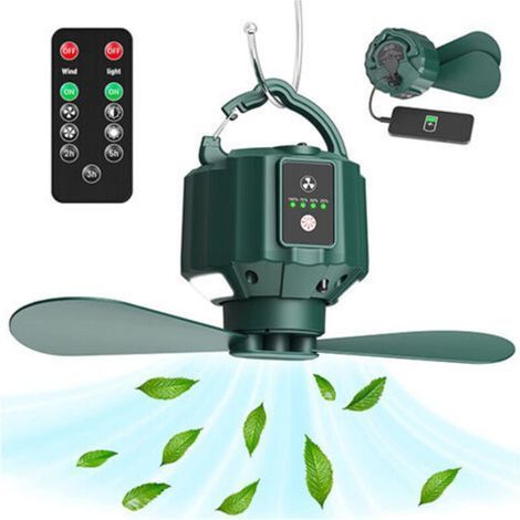Ventilateur de camping avec lanterne LED, ventilateur rechargeable pour les tentes, télécommande, crochets, pales détachables, minuterie, pour le pique nique, les tentes, l'urgence (1/5)