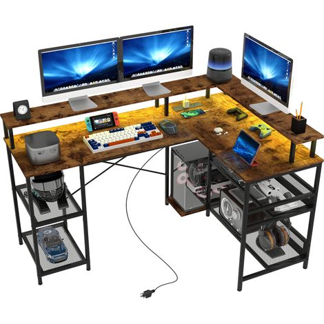 LED Light 'L' Computer Desk, with Shelves - Brown