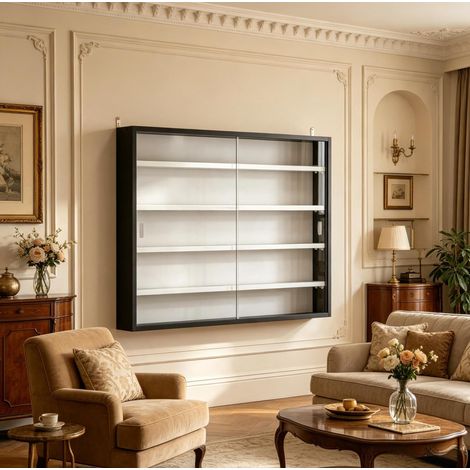 Vitrina de pared 80/9,5/60 cm, negra o blanca, con puertas de cristal y 4 estantes regulables (1/5)