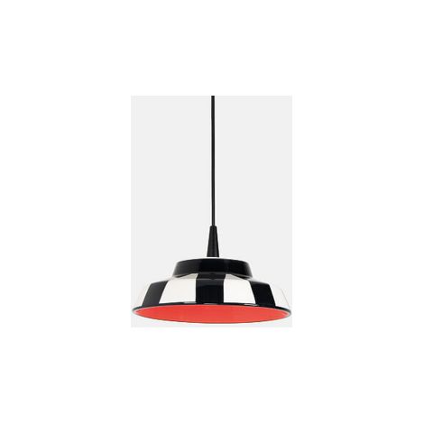 Lampada a sospensione Circus in ceramica artigianale italiana, design a righe bianche e nere con interno rosso, LED integrato 8W, diametro 24 cm