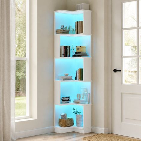 Librería de esquina 63,5 x 45 x 175 cm con LED, 5 niveles, MDF blanco HAVRYA (1/5)