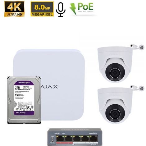 Ajax Kit videosorveglianza NVR 8 Canali + TurretCam 8Mp Bianco + HDD 2Tb + Switch PoE - 70936 NR.02 Telecamere