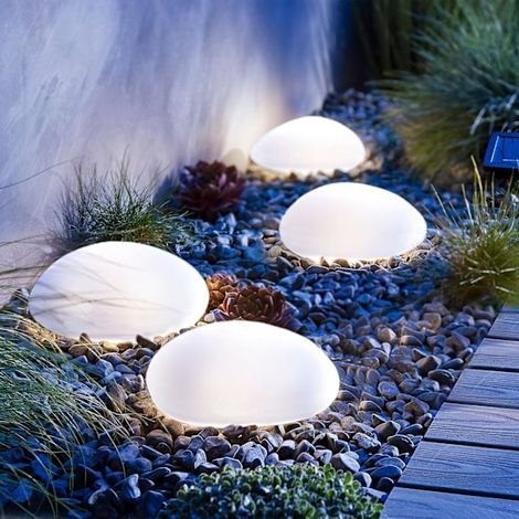 Ensemble de 4 lampes solaires d'extérieur étanches, pierres solaires décoratives pour jardin, avec LED blanc froid, blanc froid-AquaForge (1/5)