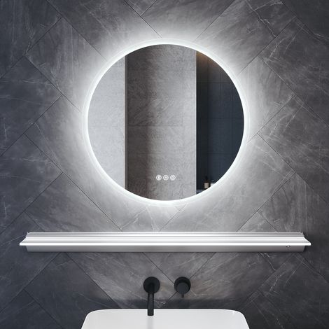 SONNI Antibeschlag Badspiegel mit Beleuchtung und Beleuchteter Ablage, 60×60cm Runder Badezimmerspiegel mit Bluetooth, 3 Lichtfarben und Memory-Funktion