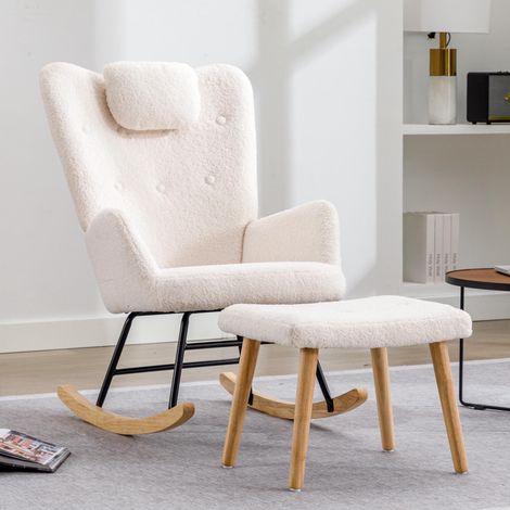 Fauteuil à bascule blanc confortable, doux et moelleux, avec coussin cervical et repose-pieds - capacité de charge jusqu'à 100 kg (1/5)