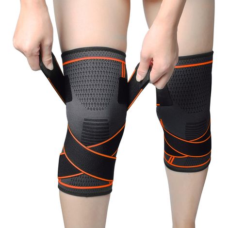 Genouillères de sport, genouillères élastiques orange XXL réglables en 2 pièces, genouillères de compression pour le sport, genouillères rotuliennes (1/5)