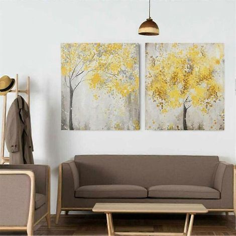 Toile imprimée pour la maison, le café ou le bureau (lot de 2) : fleurs jaunes et arbre. (1/4)