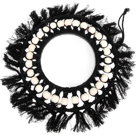 Miroir Mural Design Multifonction en Bois et Coton en Macramé Noir avec Perles Décoration Élégante Maison Salon (1/5)