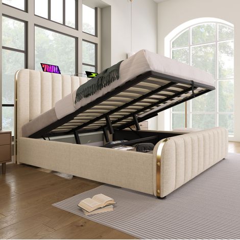 Lit coffre 180x200 USB Type-C en lin beige HAVRYA (1/5)