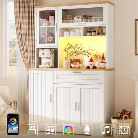 Buffet vitrine haut 104×40×180 cm blanc/noir, éclairage LED, pour cuisine et salon (1/5)
