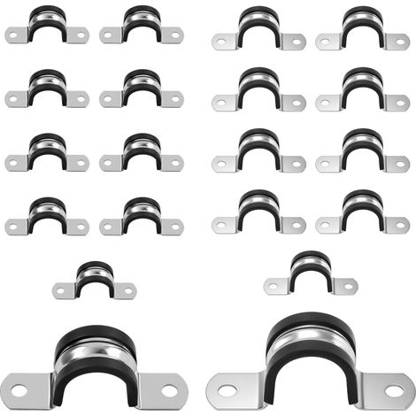 Lot de 20 colliers de serrage en U - Diamètre : 25/30 mm - En acier inoxydable avec insert en caoutchouc Collier de serrage à 2 trous, support de tuyau, collier de serrage mural, collier de fixation (1/5)