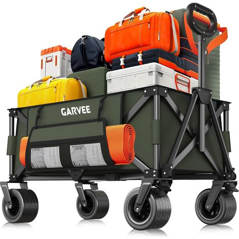 Chariot À Main Pliable 200kg, Tout Terrain Grandes Roues 20cm, Chariot Transport Pliable pour Jardin Plage Camping, Vert (1/5)