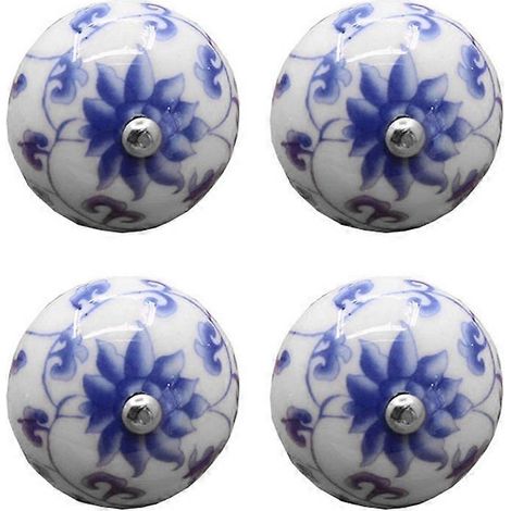Lot de 4 poignées en céramique rétro bleues et blanches pour tiroirs, portes, placards et meubles de cuisine/salle de bain. (1/4)