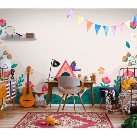 Papier peint Enfant – Nichoir oiseaux et fleurs printemps - 150 x 250 cm (1/2)