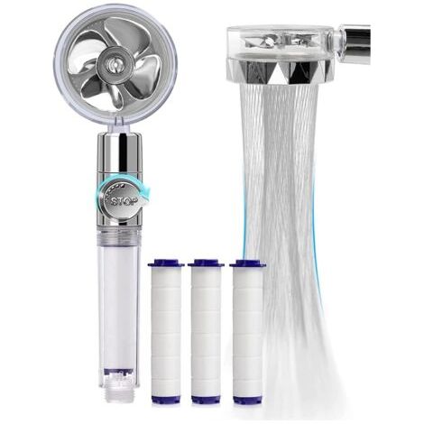 Douchette, Pommeau de Douche Anti Calcaire Economie Deau, Pommeau de Douche Helice Haute Pression Pivotant à 360 °, Filtre à Trois Niveaux Système de Filtrage Avec,3 Coton PP Remplaçable (Silver) (1/5)