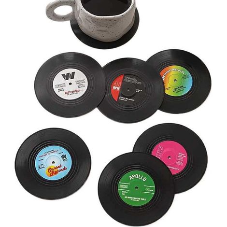 Juego de 6 posavasos con diseño de disco de vinilo (LP), estilo retro, antideslizantes, para tazas, café y bebidas. (1/4)