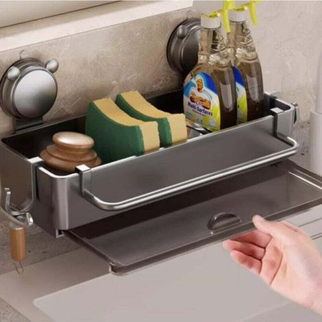 Wall Mounted Kitchen Sink Sponge Holder with Suction Cup, Leaves No Residue, Plastic Sponge Holder with Drain Tray (Grey). (1/4)