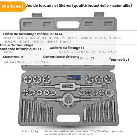 Set di maschi e filiere da 35 pezzi M3-M12, filettature fini e grosse, acciaio legato GCr15, custodia per il trasporto - Kit per maschiatura e filettatura (1/4)