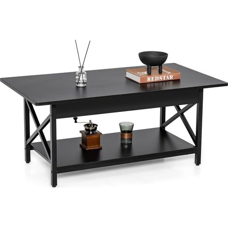 COSTWAY Mesa de Café Industrial de 2 Niveles, Mesa de Centro con Estante de Almacenamiento y Marco de Metal en Forma de X, Mesa Rectangular Auxiliar para Sala de Estar, Marrón Rústico y Negro (Negro) (1/4)