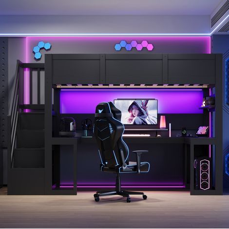 Cama alta gaming 90 x 200 cm con escritorio, escalera con almacenaje, LED y USB, negra (1/5)