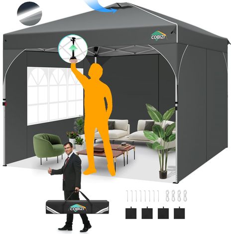 Tonnelle Pliante 3x3 Imperméable Tonnelle De Jardin Exterieur, 3 Panneaux Latéraux, Tonnelle Pliante Imperméable, Convient pour Le Camping, Les Festivals, Gris (1/5)