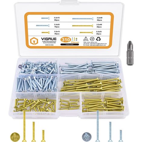 Lot de 310 vis pour boîtiers d'interrupteur, vis à tête fraisée avec vis PZ1/fente et vis cruciformes 3,2 x 15 mm, 3,2 x 25 mm, 3,2 x 40 mm, dans une boîte de rangement (1/5)
