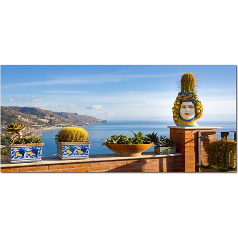 Lupia - Quadro moderno su Tela Canvas DEEP 65X143 cm, con paesaggi e localismi italiani, per casa, soggiorno, capezzale camera da letto, hotel, ufficio, CATANIA - PANORAMA TAORMINA (1/4)