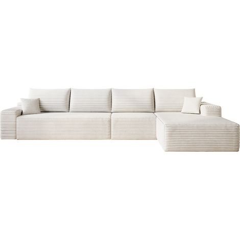 Sofá Modular de Esquina con Chaiselongue, Asiento Profundo, Sin Montaje, Pana Rayada Blanca (1/5)