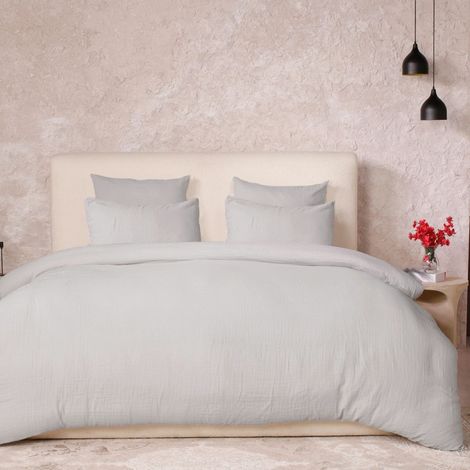 Parure housse de couette 240x220cm + 2 taies 100% gaze de coton lavée gris glacier - VALMA (1/4)