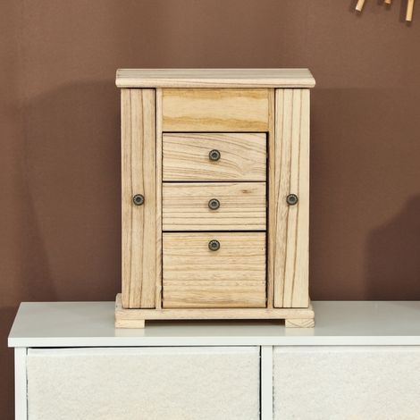 Portagioie 26.5x16x33.5 cm con specchio integrato, layout a 4 livelli, ganci per collane, legno marrone (1/5)
