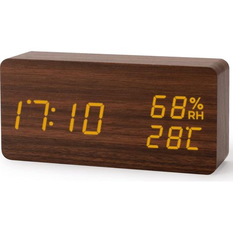 LED Réveil Électronique en Bois Réveil Numérique Bois Horloge cubique,de la Température et de l'Humidité,12/24 Heure ,Port de Recharge USB, par Batterie (Rectangle Brun Foncé) (1/5)