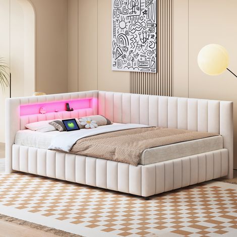 Bett Schlafbett 140x200 Samt mit LED USB Beige OKMYHOME (1/5)