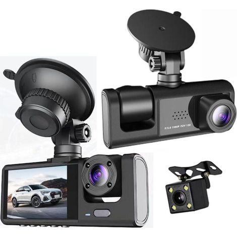 Caméra embarquée avant/intérieure et arrière, 3 grands angles, carte TF 32 Go, caméra embarquée HD 1080p, avec vision nocturne, surveillance du stationnement 24h/24, enregistrement en boucle, WDR, cap (1/4)