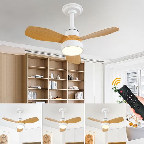 Ventilateur de plafond silencieux avec éclairage intégré pour chambre à coucher, minuterie, télécommande, 3 vitesses, coloris blanc et imitation bois (1/5)