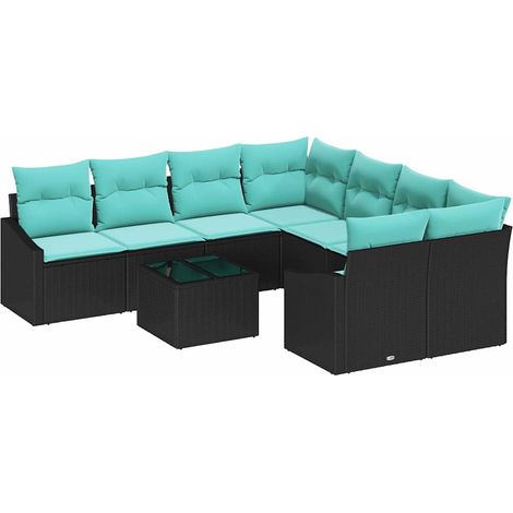 Sofa Set with Cushion 9 pcs Black and Turquiose Poly Rattan vidaXL (1/5)