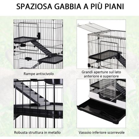 Cage à quatre niveaux pour petits animaux (lapins, furets et chinchillas) avec roues et plateau - Noire (1/5)