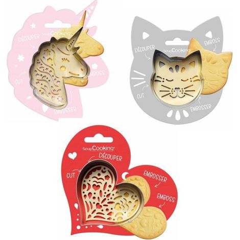 Kit pour biscuit en relief Chat + Licorne + Coeur