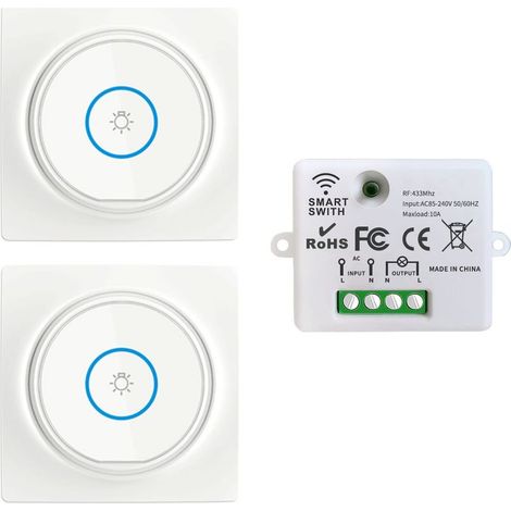 Wireless switch, 433 MHz 220 V, mobile, self-generating switch, mini RF receiver, radio transmitter, remote control, 100 m range for light control (2 switches, 1 receiver) (1/5)
