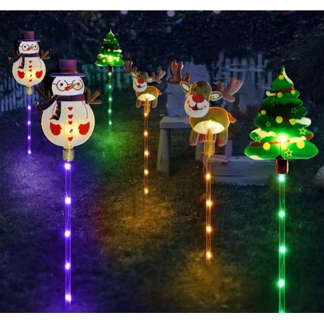 Lot de 6 décorations de Noël solaires à piquer dans le sol pour l'extérieur (sapin, bonhomme de neige, renne) : éclairage LED étanche avec 8 modes d'éclairage colorés. (1/4)