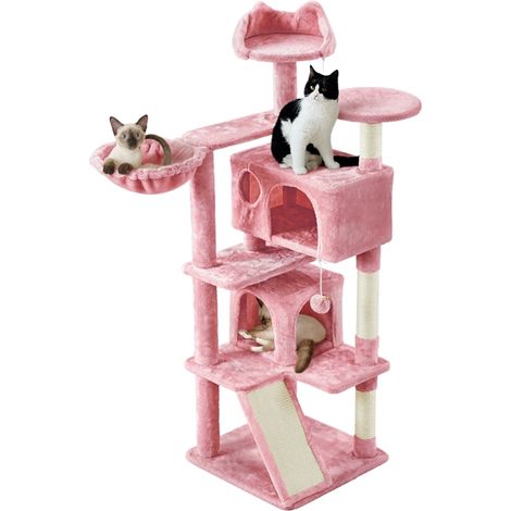 Yaheetech Albero Tiragraffi per Gatti Cuccia Gatto con Casetta Cesto Trespolo Multilivello Palestra Castello Gioco Altezza 144.5 cm Rosa