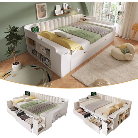 Canapé-lit banquette 140x190 cm à sommier à lattes métal, cadre en bois avec station de charge, 2 tiroirs, chariot, étagère latérale et compartiment, dossier sherpa, blanc, sans matelas (1/5)